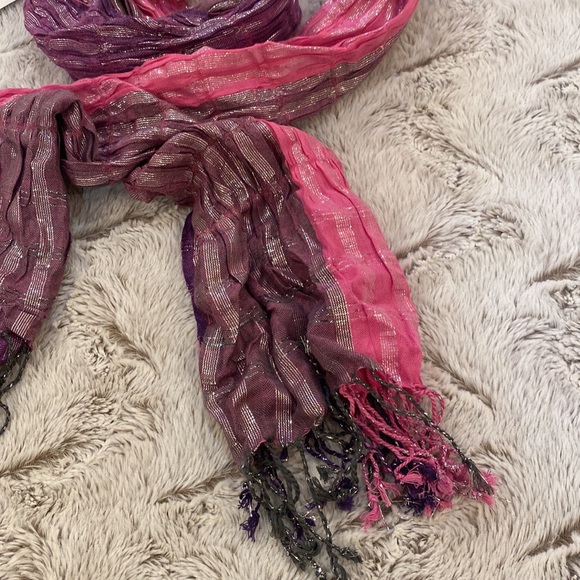 Elizabeth Gillet Pink & Purple Silver Metallic Scarf.  66” length - Picture 6 of 13